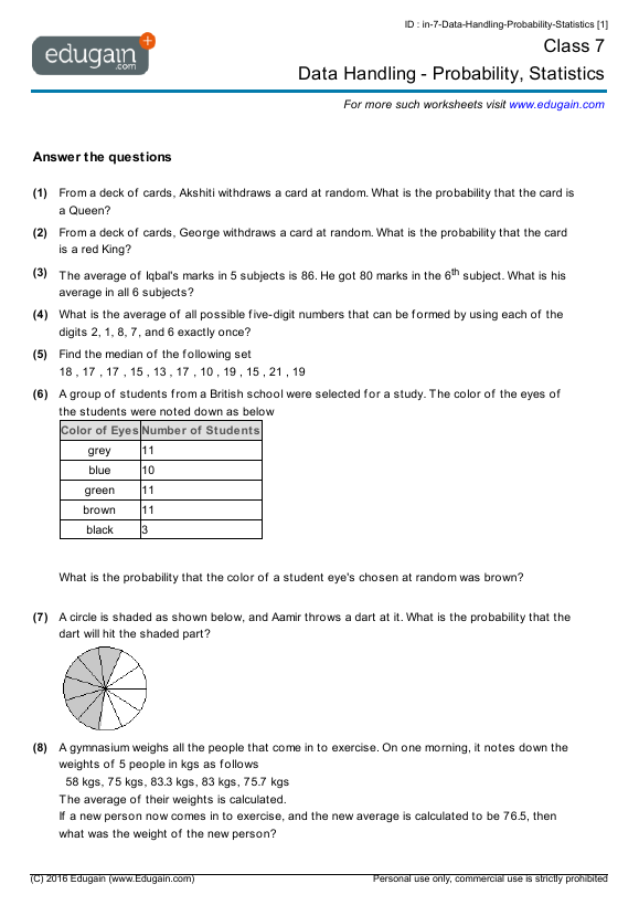 7th Grade Math Statistics And Probability Worksheets