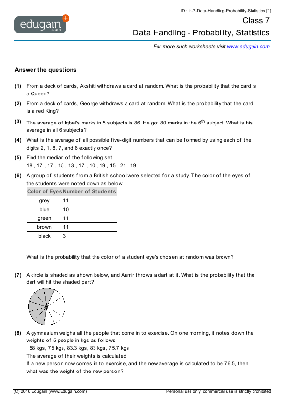 Grade 7 Data Handling Probability Statistics Math Practice Questions Tests Worksheets